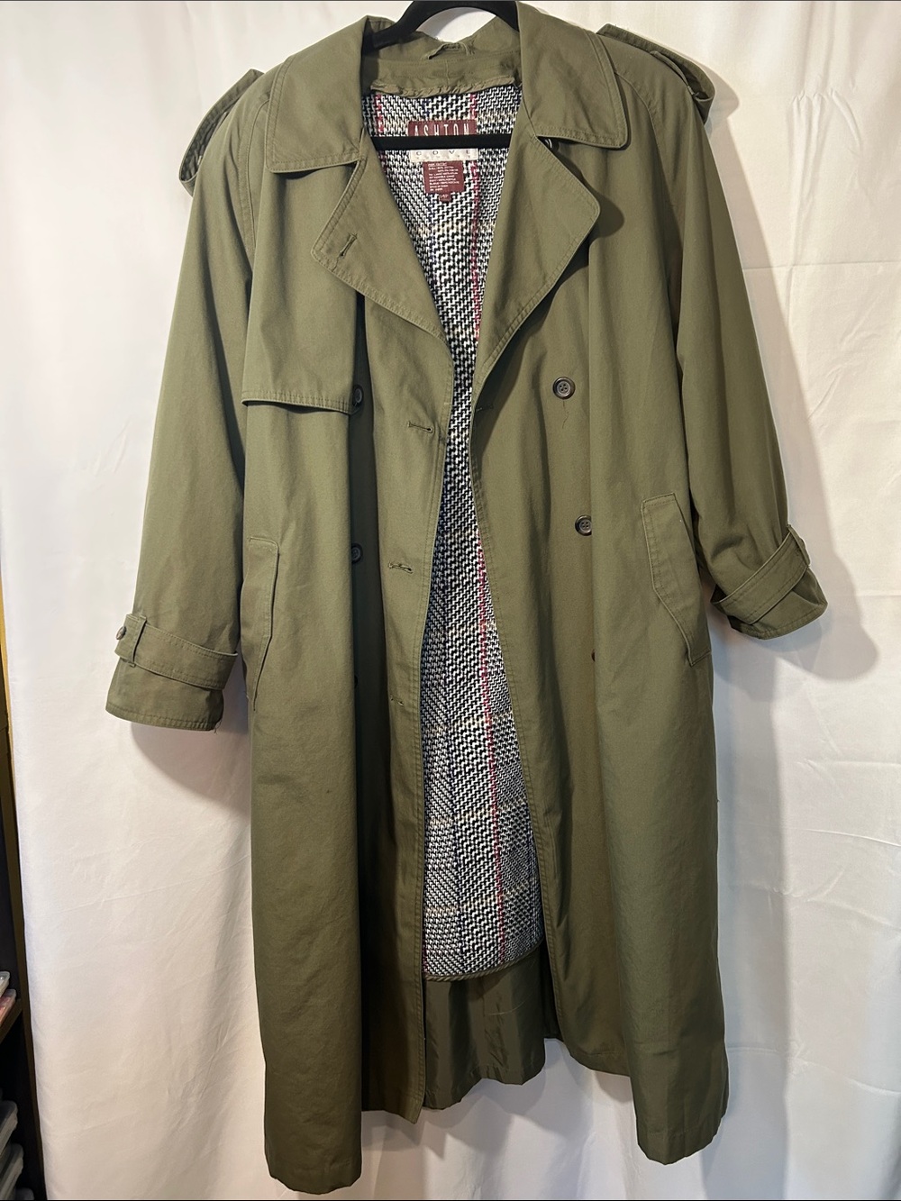 Vintage Olive Green Double-Breasted Lined Trench Coat by Ashton Cove